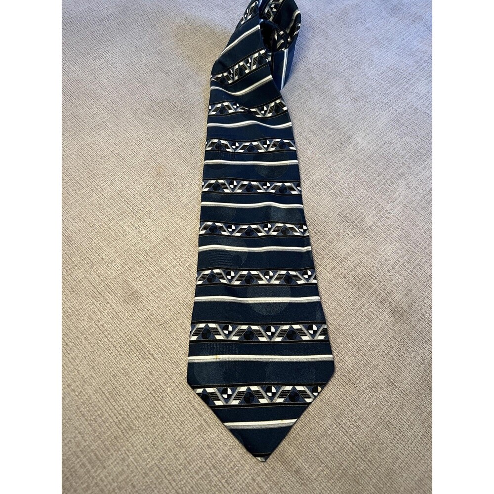 Zylos George Machado Tie Mens Navy 100% Italian Silk Geometric Striped Necktie